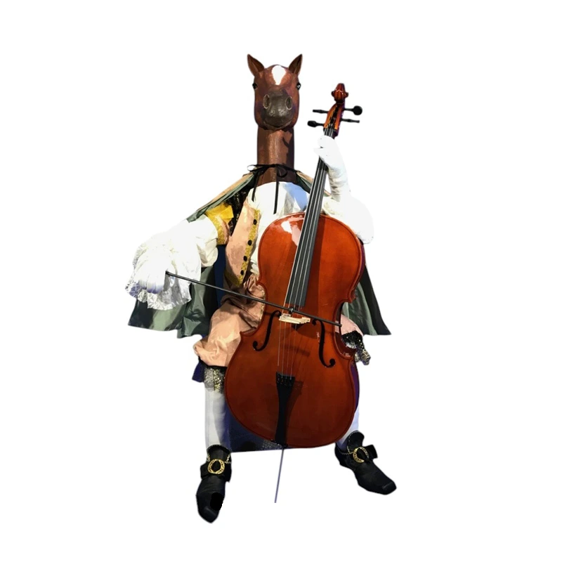 [20693] MUSICIEN -  TETE DE CHEVAL EN PAPIER MACHE JOUANT DU VIOLONCELLE
