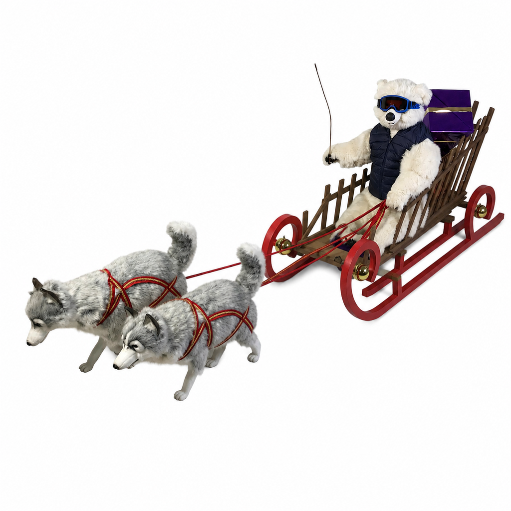 [25245L2] ATTELAGE OURS BLANC LÉON & CHIENS HUSKIES DE TRAINEAU